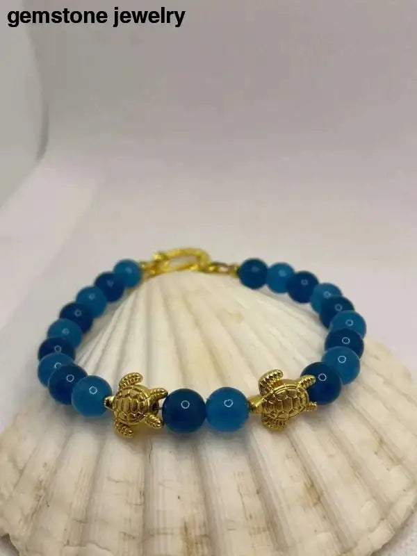 Blue Gemstone Sea Turtle Bracelet with Gold Charms - Bec Sue Jewelry Shop