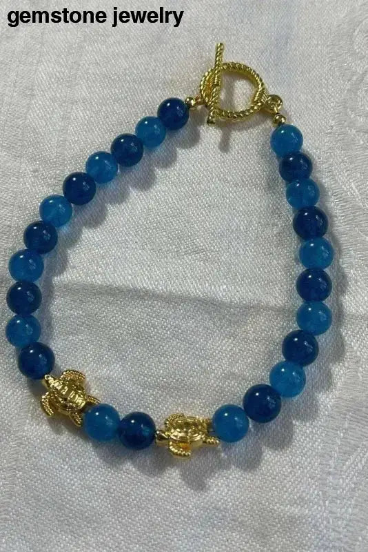 Blue Gemstone Sea Turtle Bracelet with Gold Charms - Bec Sue Jewelry Shop