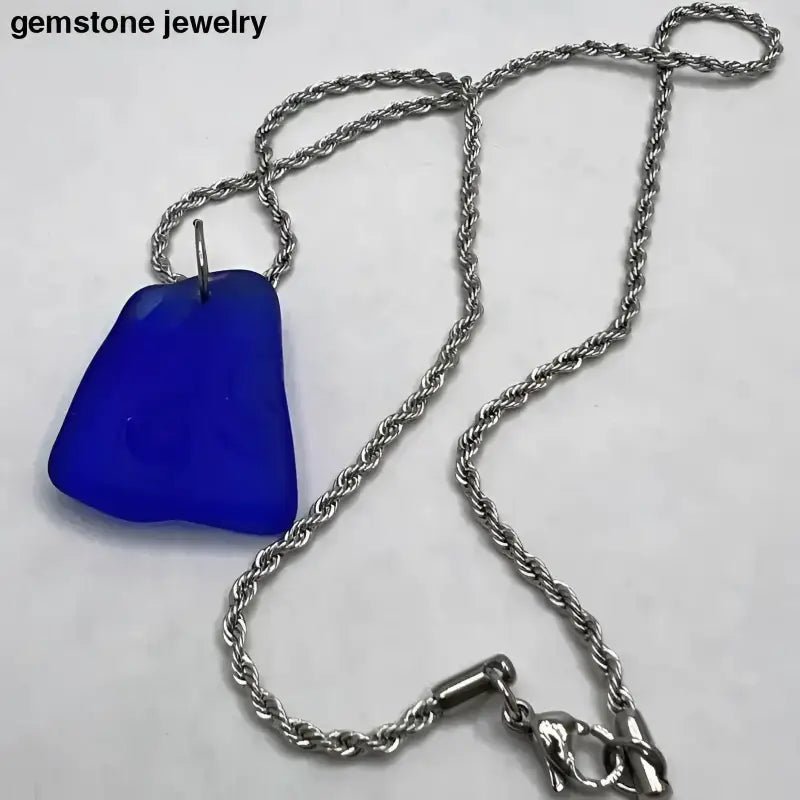 Blue Glass Pendant Necklace with Twisted Stainless Steel Chain - Bec Sue Jewelry Shop