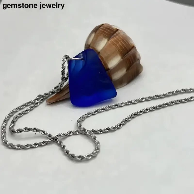 Blue Glass Pendant Necklace with Twisted Stainless Steel Chain - Bec Sue Jewelry Shop