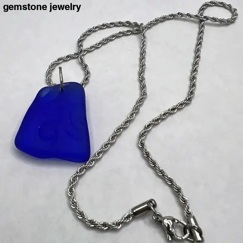 Blue Glass Pendant Necklace with Twisted Stainless Steel Chain - Bec Sue Jewelry Shop
