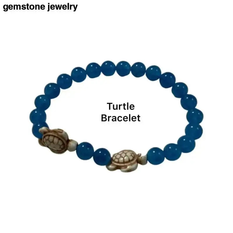 Blue Jade Turtle Bracelet with Magic Stretch and Turtle Charms - Bec Sue Jewelry Shop