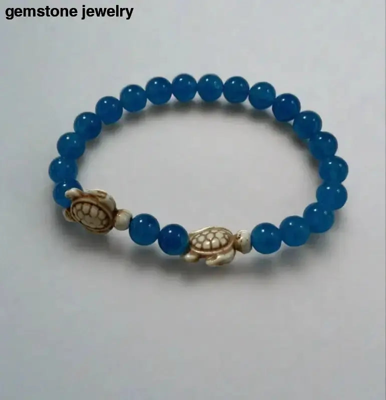 Blue Jade Turtle Bracelet with Magic Stretch and Turtle Charms - Bec Sue Jewelry Shop