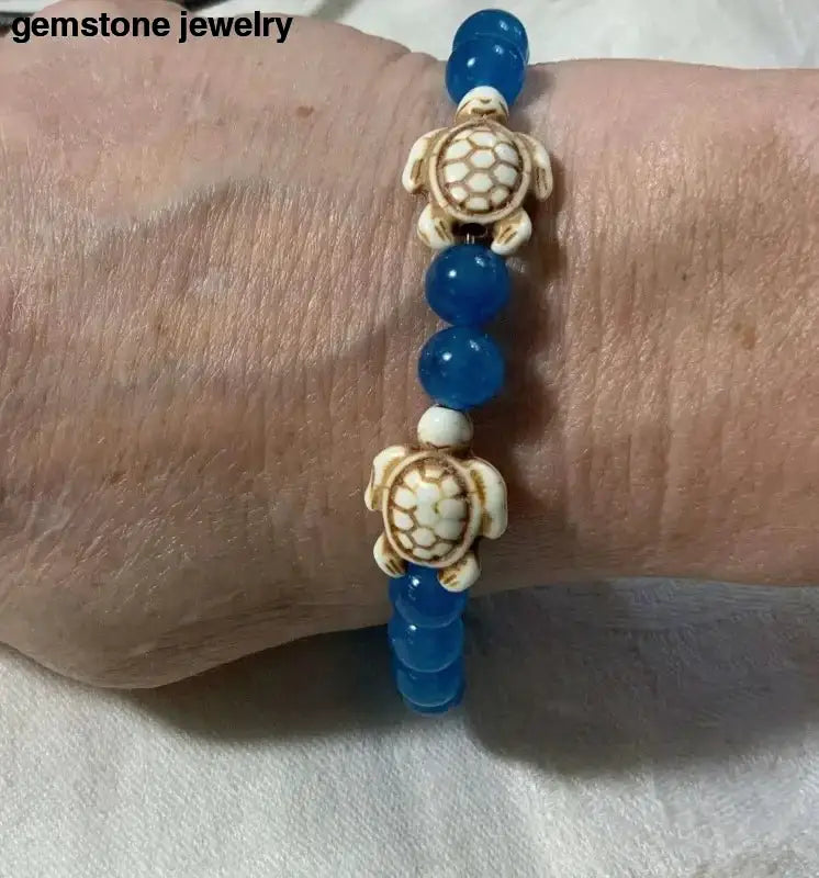 Blue Jade Turtle Bracelet with Magic Stretch and Turtle Charms - Bec Sue Jewelry Shop