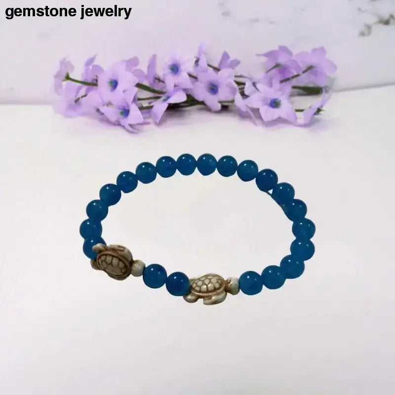 Blue Jade Turtle Bracelet with Magic Stretch and Turtle Charms - Bec Sue Jewelry Shop