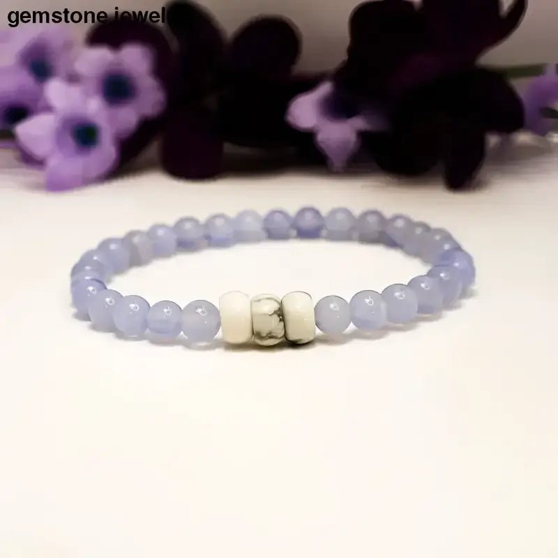 Blue Lace Agate Beaded Bracelet with White Accents - Bec Sue Jewelry Shop