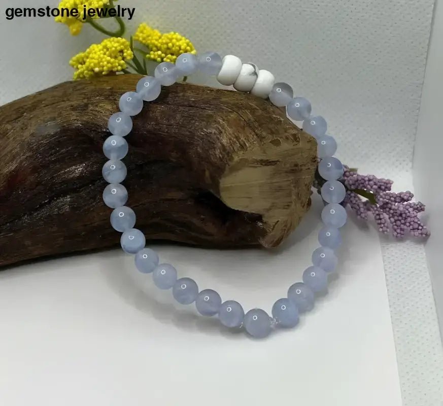 Blue Lace Agate Beaded Bracelet with White Accents - Bec Sue Jewelry Shop
