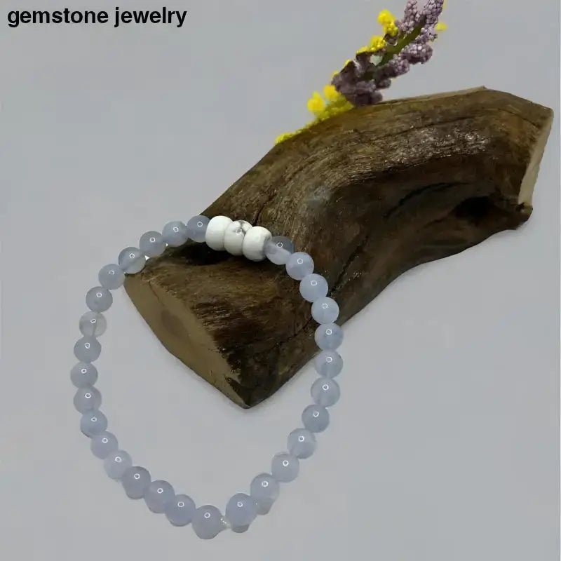 Blue Lace Agate Beaded Bracelet with White Accents - Bec Sue Jewelry Shop