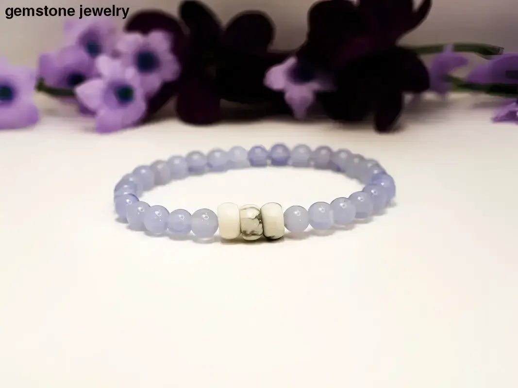 Blue Lace Agate Beaded Bracelet with White Accents - Bec Sue Jewelry Shop