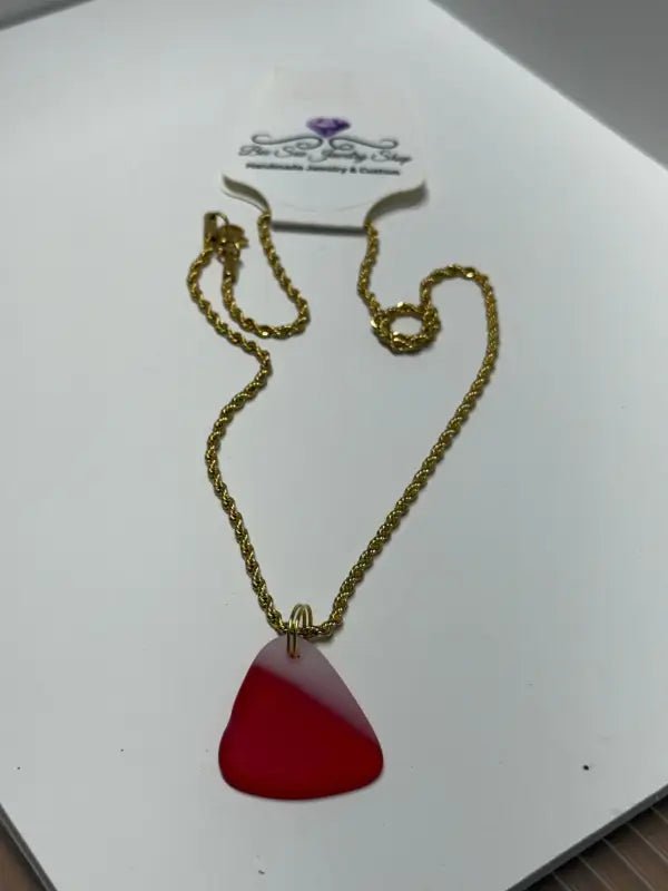 Elegant Gold Rope Necklace with Red and White Ombre Guitar Pick Pendant, Sea Glass Necklace - Bec Sue Jewelry Shop