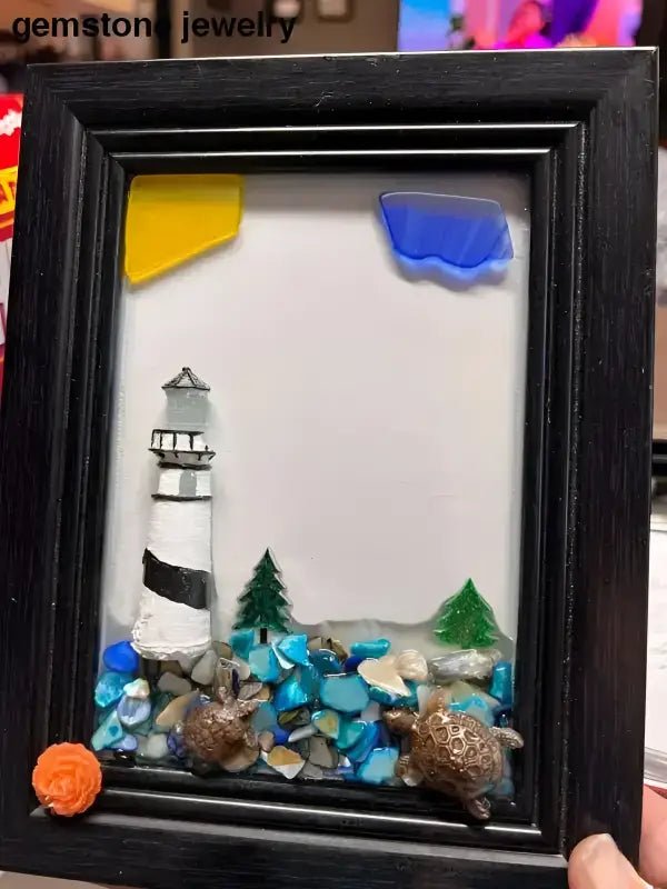 Framed Sea Glass Art Featuring a Beautiful Lighthouse Wall Design - Bec Sue Jewelry Shop
