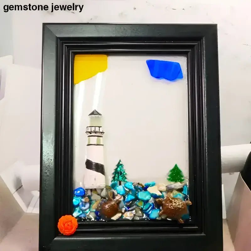 Framed Sea Glass Art Featuring a Beautiful Lighthouse Wall Design - Bec Sue Jewelry Shop