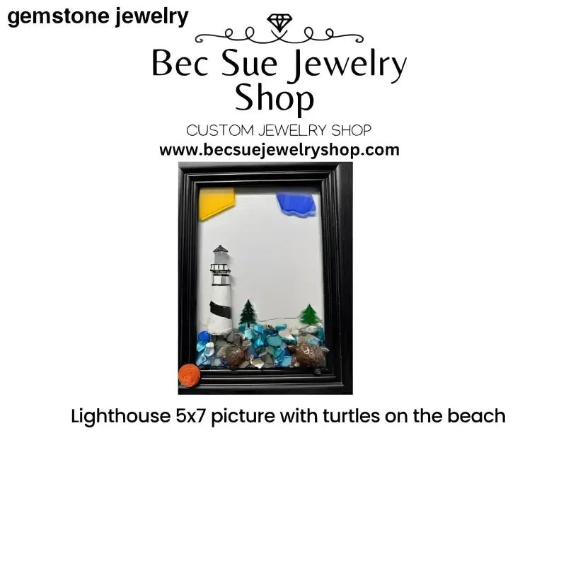 Framed Sea Glass Art Featuring a Beautiful Lighthouse Wall Design - Bec Sue Jewelry Shop