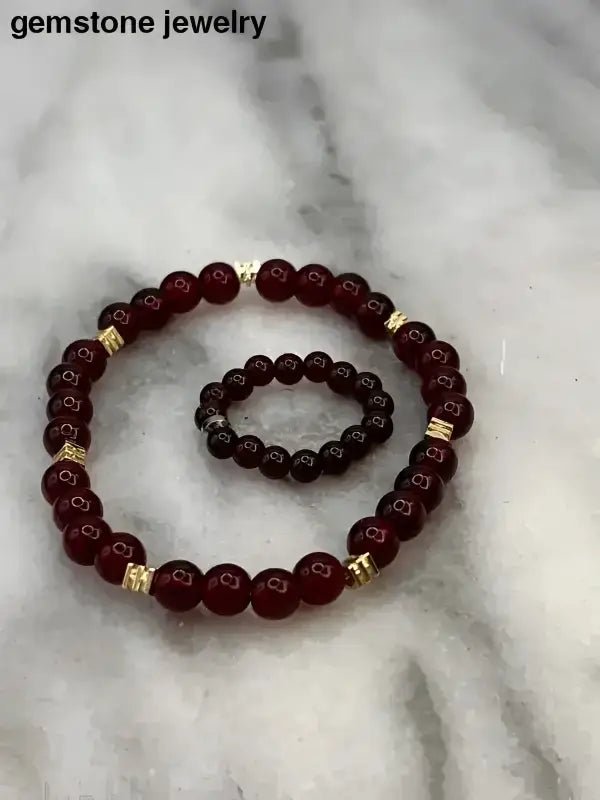 Garnet Glass Bracelet and Ring Set with Red Garnet Beads - Bec Sue Jewelry Shop
