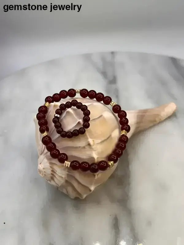 Garnet Glass Bracelet and Ring Set with Red Garnet Beads - Bec Sue Jewelry Shop
