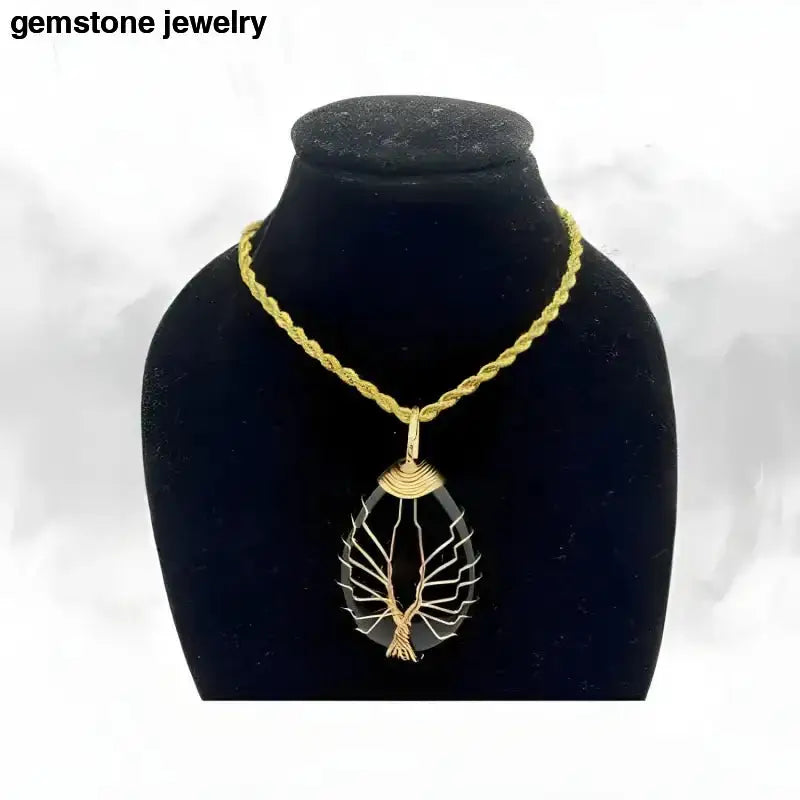 Gold Chain Necklace with Black Gemstone Tree Pendant on Stainless Steel Chain - Bec Sue Jewelry Shop