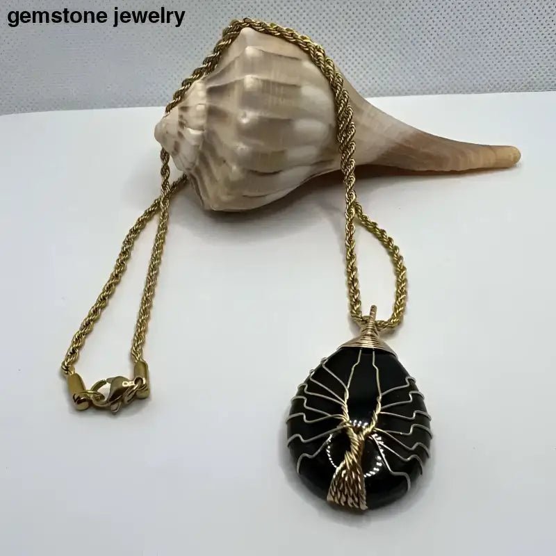 Gold Chain Necklace with Black Gemstone Tree Pendant on Stainless Steel Chain - Bec Sue Jewelry Shop