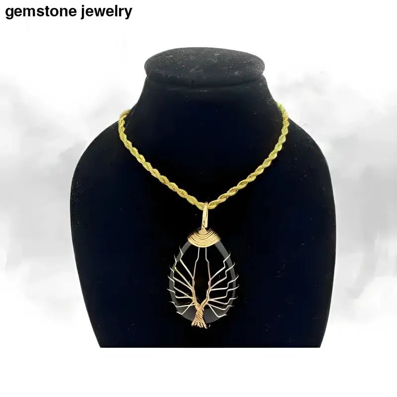 Gold Chain Necklace with Black Gemstone Tree Pendant on Stainless Steel Chain - Bec Sue Jewelry Shop