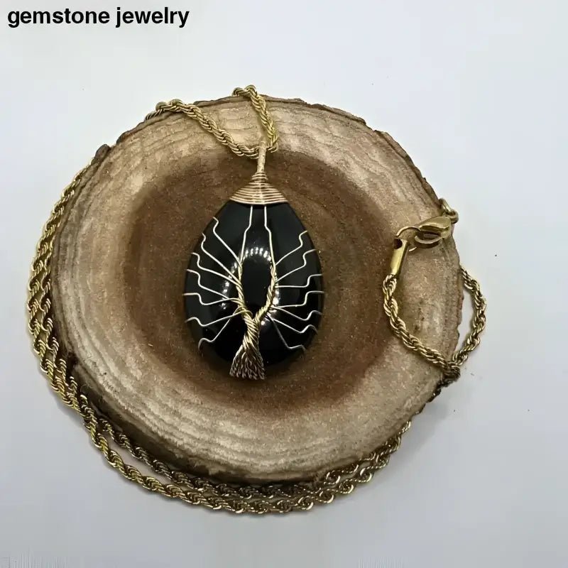 Gold Chain Necklace with Black Gemstone Tree Pendant on Stainless Steel Chain - Bec Sue Jewelry Shop