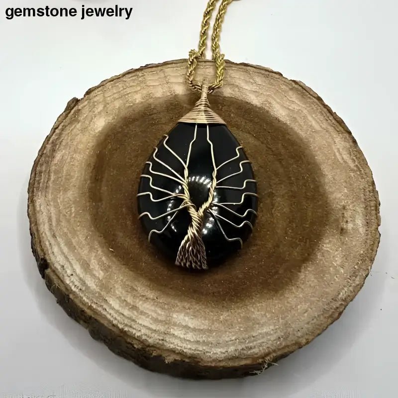 Gold Chain Necklace with Black Gemstone Tree Pendant on Stainless Steel Chain - Bec Sue Jewelry Shop