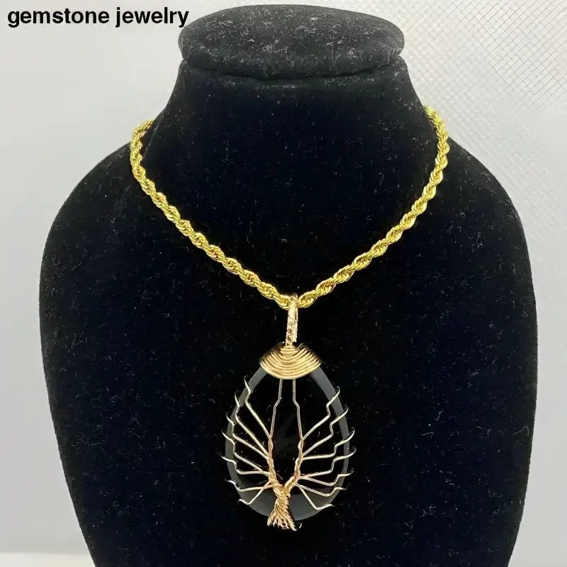 Gold Chain Necklace with Black Gemstone Tree Pendant on Stainless Steel Chain - Bec Sue Jewelry Shop