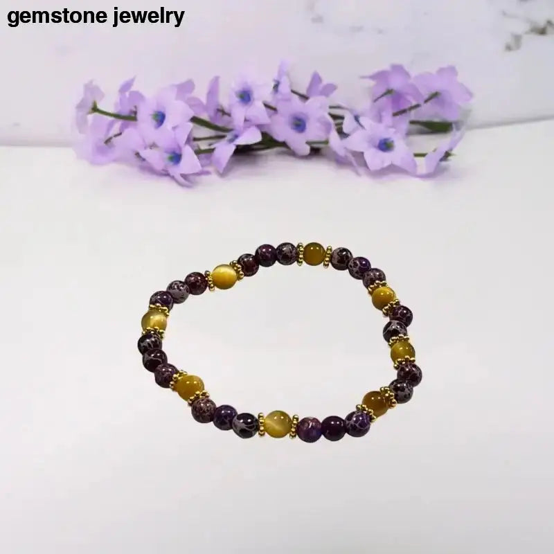Gold Tiger Eye and Purple Jasper Beaded Gemstone Bracelet - Bec Sue Jewelry Shop