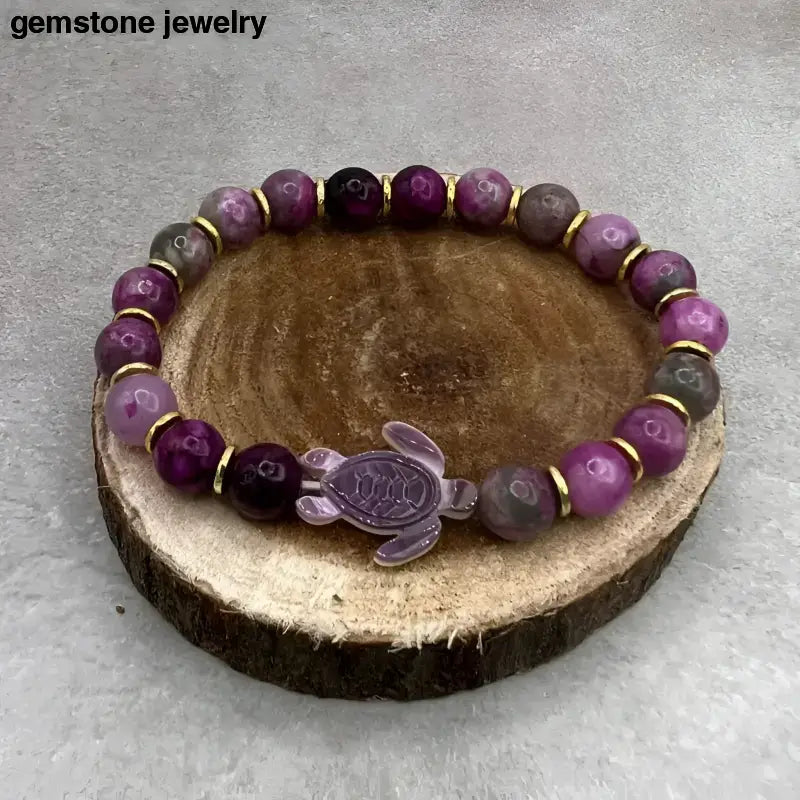 Hand Carved Turtle Bracelet with Purple Sugilite Gemstones - Bec Sue Jewelry Shop