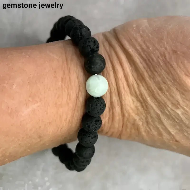 Handcrafted Lava Stone Bracelet with Black Beads and White Accent - Bec Sue Jewelry Shop