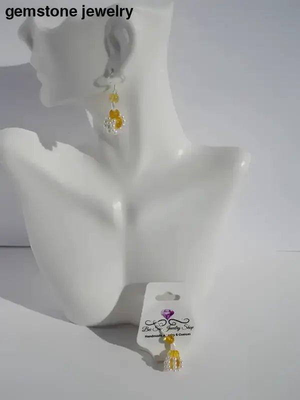 Handmade Statement Beaded Earrings with Yellow Beads and White Pearls - Bec Sue Jewelry Shop