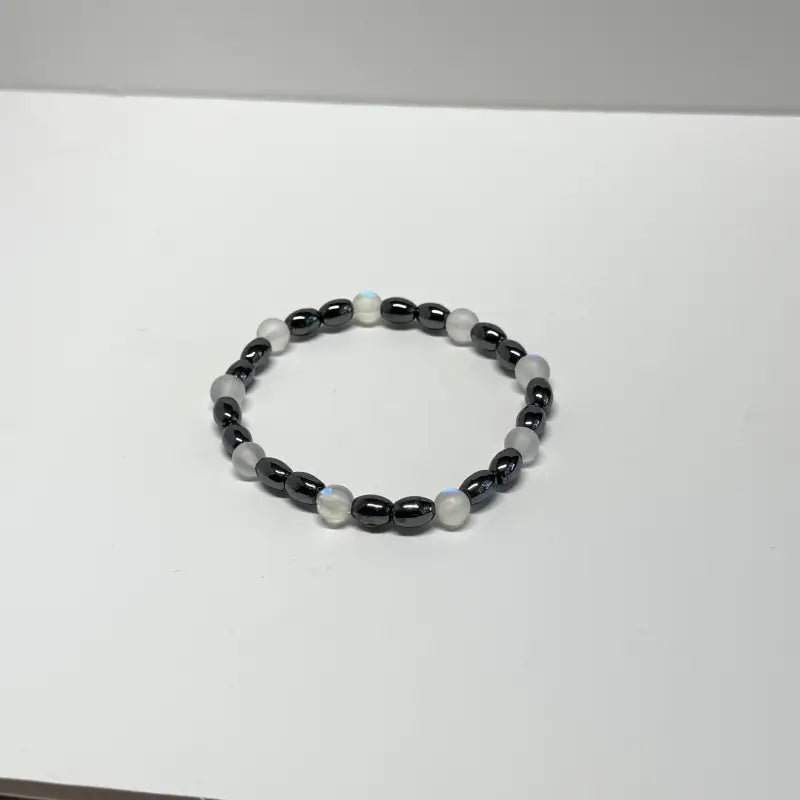 Hematite Moonstone Bracelet with Dark Oval and White Beads - Bec Sue Jewelry Shop