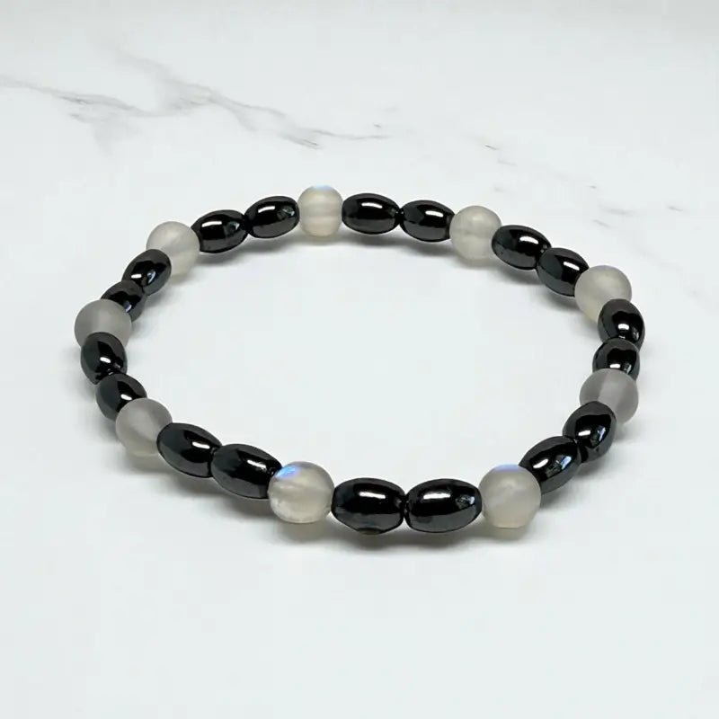 Hematite Moonstone Bracelet with Dark Oval and White Beads - Bec Sue Jewelry Shop