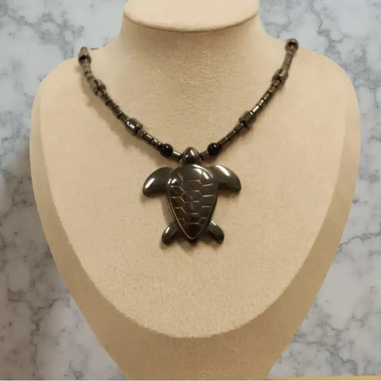 Hematite turtle necklace with unique charm, grounding and protection jewelry