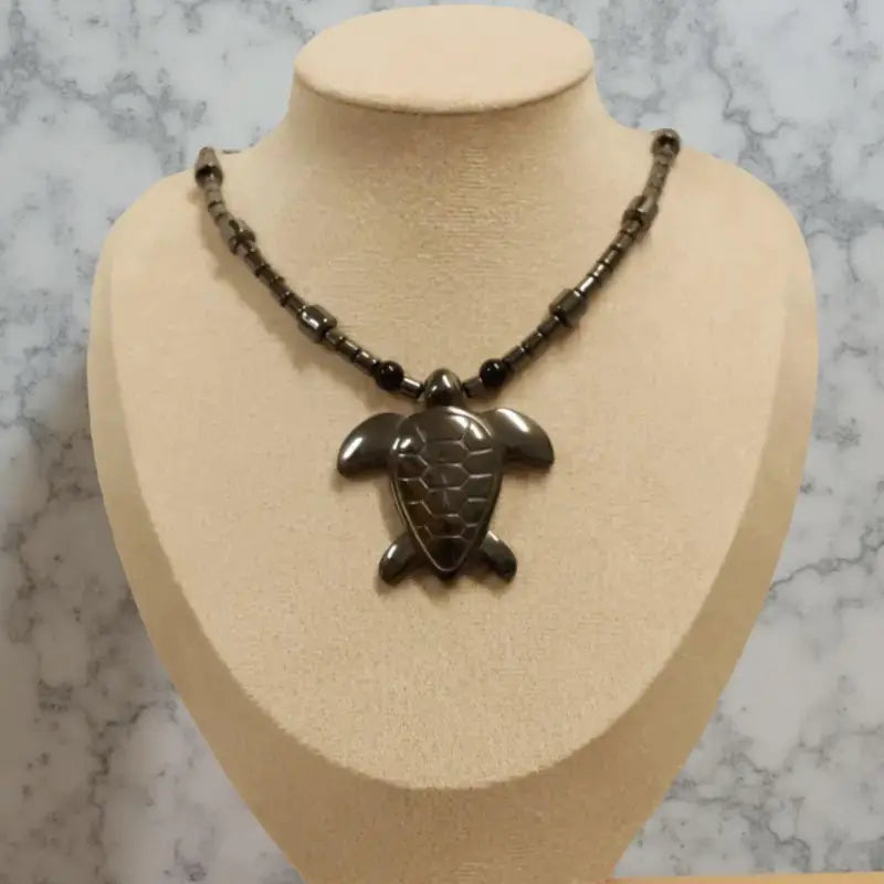 Hematite turtle necklace with unique charm, grounding and protection jewelry