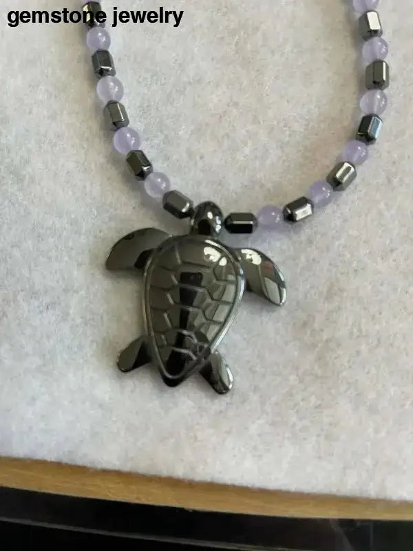 Hematite Turtle Pendant Necklace in Gemstone Design - Bec Sue Jewelry Shop