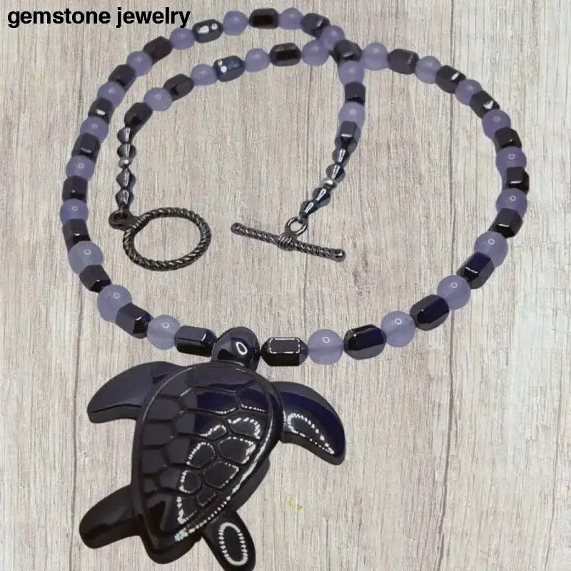Hematite Turtle Pendant Necklace in Gemstone Design - Bec Sue Jewelry Shop