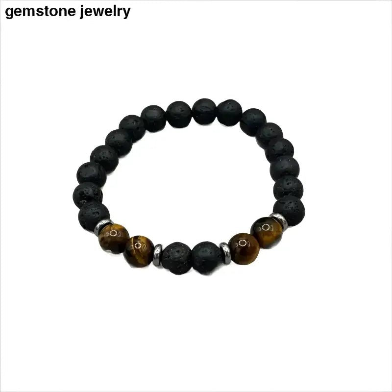 Lava Stone and Tiger Eye Beaded Bracelet with Sterling Silver Accents - Bec Sue Jewelry Shop