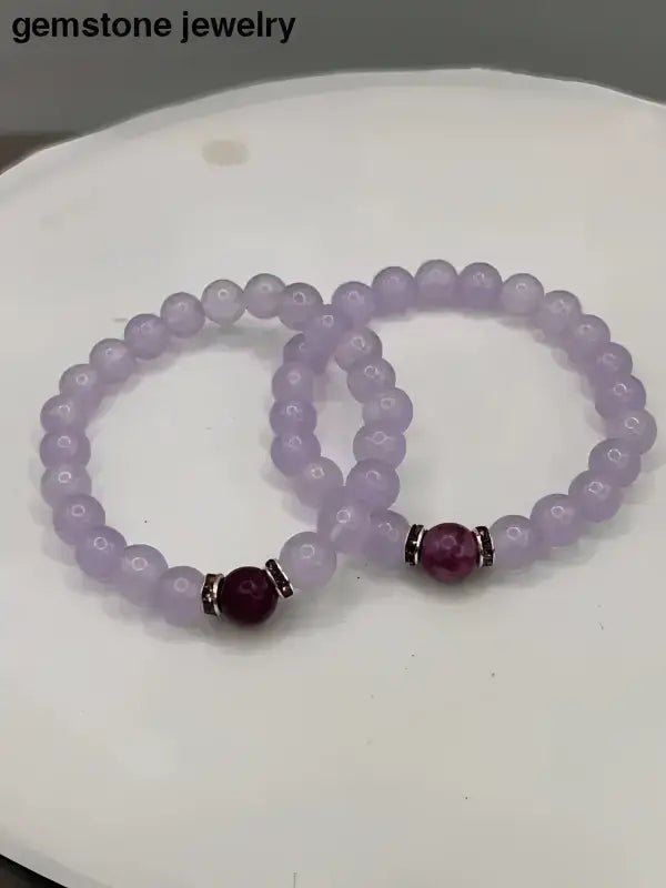 Lavender Beaded Bracelet with Ruby Accent and Purple Glass Beads - Bec Sue Jewelry Shop