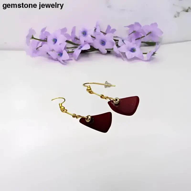 Maroon Trapezoid Dangling Earrings with Gold Accents - Bec Sue Jewelry Shop
