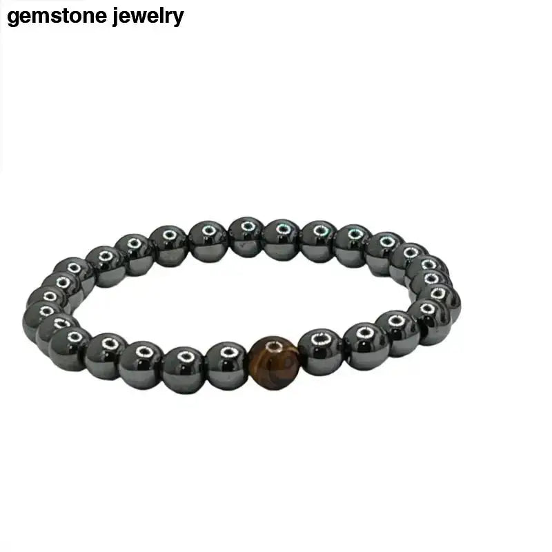 Mens Hematite Bracelet with Brown Stone Bead - Bec Sue Jewelry Shop