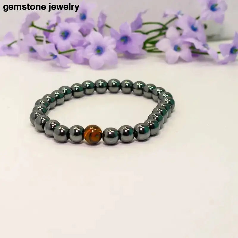 Mens Hematite Bracelet with Brown Stone Bead - Bec Sue Jewelry Shop