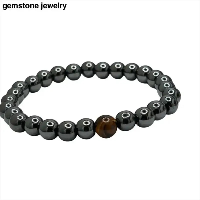 Mens Hematite Bracelet with Brown Stone Bead - Bec Sue Jewelry Shop