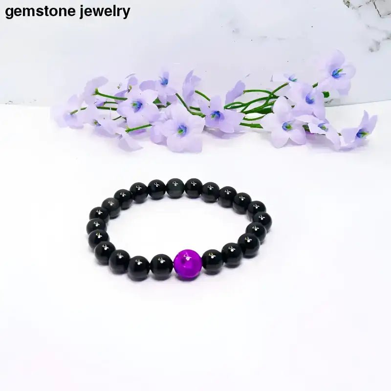Mens Obsidian Bracelet with Black Beads and Purple Accent - Bec Sue Jewelry Shop