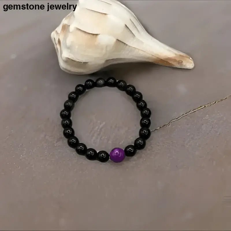 Mens Obsidian Bracelet with Black Beads and Purple Accent - Bec Sue Jewelry Shop