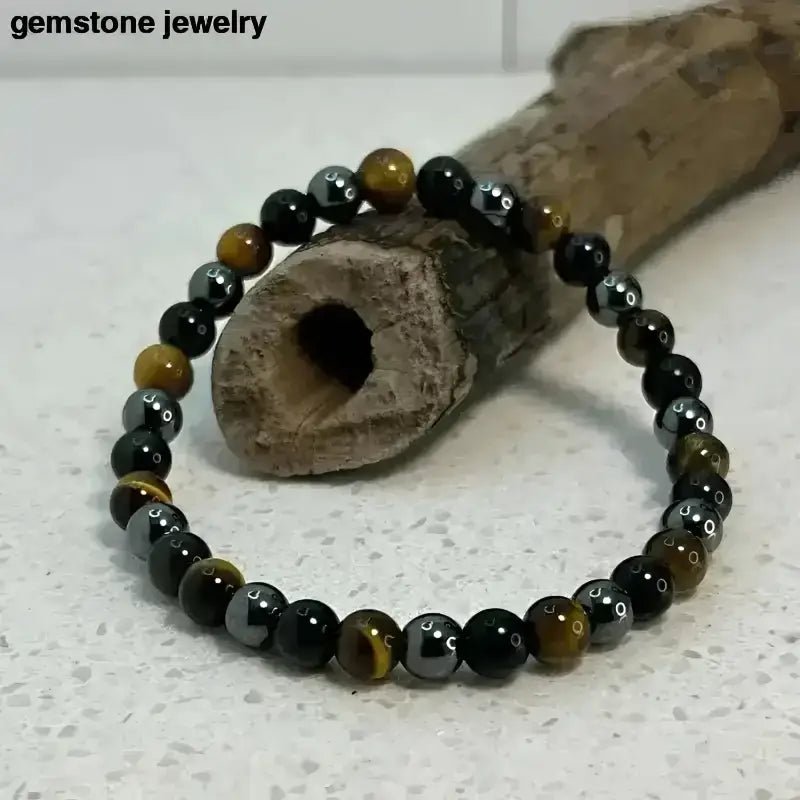Mens spiritual Bracelet | Handmade Tiger Eye Stretch Bracelet with Hematite obsidian - Bec Sue Jewelry Shop