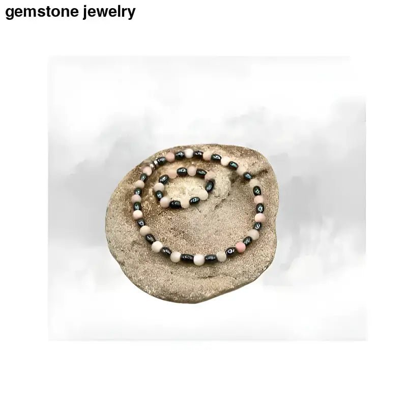 Pearl Pink Beaded Necklace with Hematite Bracelet and Ring - Bec Sue Jewelry Shop