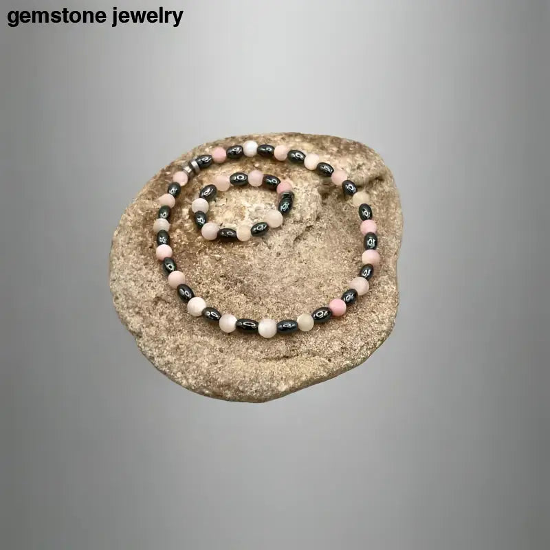 Pearl Pink Beaded Necklace with Hematite Bracelet and Ring - Bec Sue Jewelry Shop