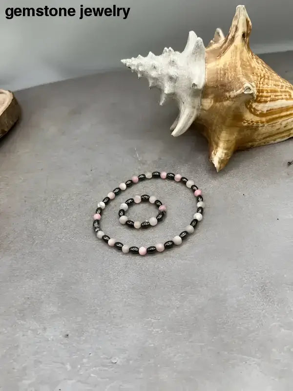 Pearl Pink Beaded Necklace with Hematite Bracelet and Ring - Bec Sue Jewelry Shop