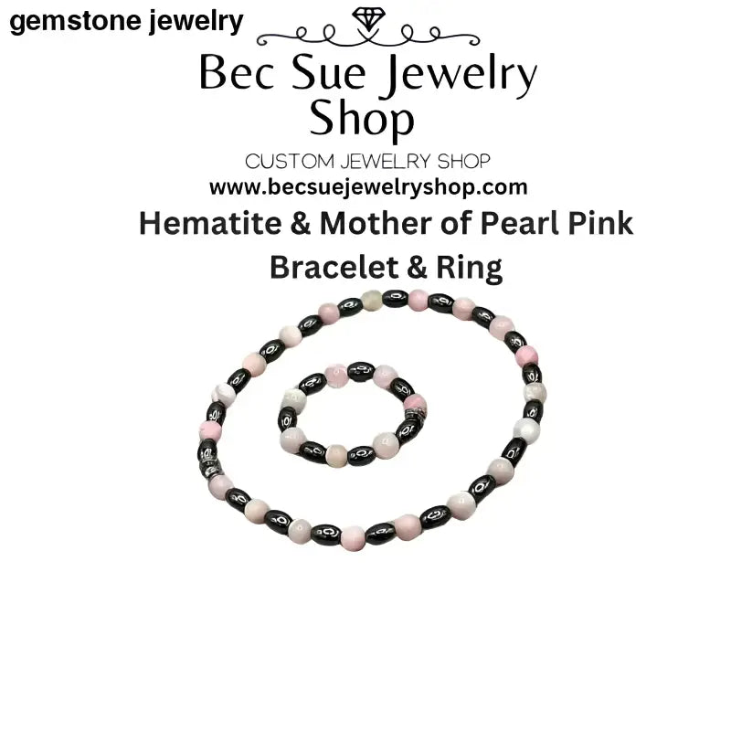 Pearl Pink Beaded Necklace with Hematite Bracelet and Ring - Bec Sue Jewelry Shop