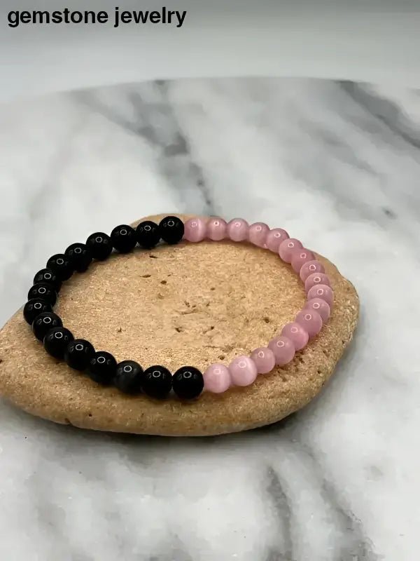 Pink Cats Eye and Black Beaded Bracelet - Bec Sue Jewelry Shop
