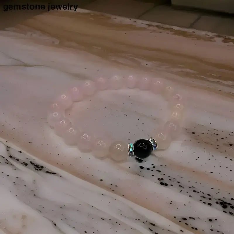 Pink Rose Quartz Bracelet with Black Accent Bead - Bec Sue Jewelry Shop